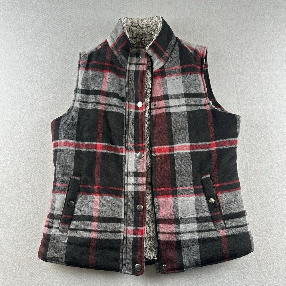 Natural Reflections Womens Small Flannel Vest Red Plaid Sherpa Lined Wool Blend